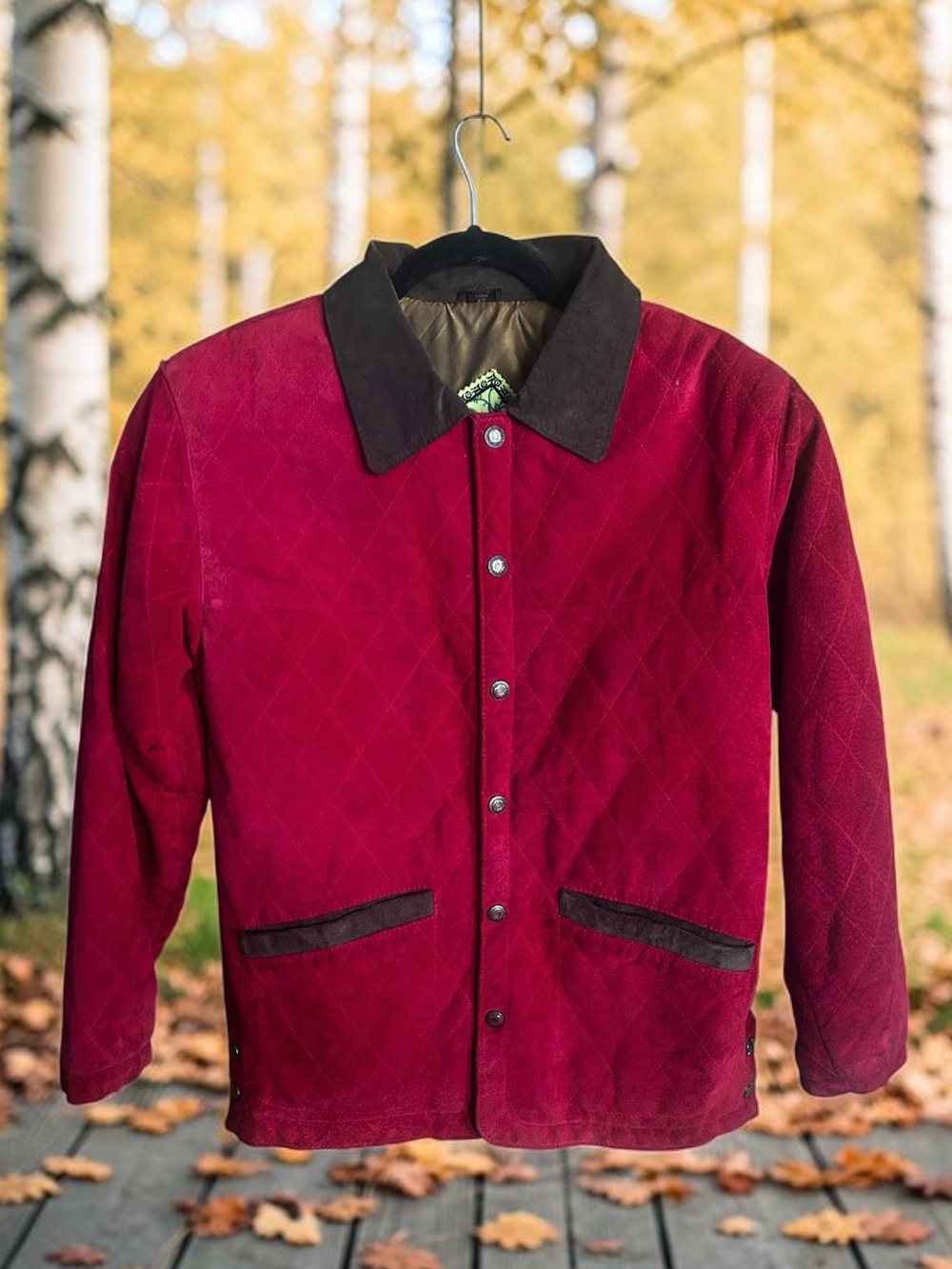 Vintage Fox Run Quilted Suede Barn Jacket Red Burgundy Leather Coat XS